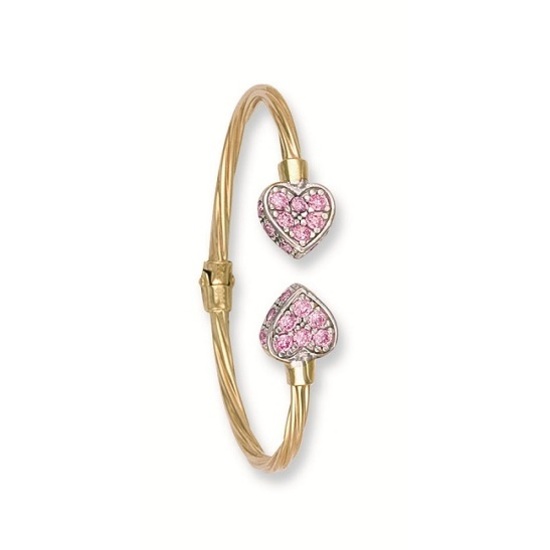 9ct Yellow Gold Hinged Pink CZ Heart Baby Torque Bangle 6.5g