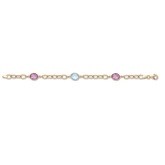 9ct Yellow Gold Link Bracelet With CZ Amethyst & Blue Topaz 4.6g