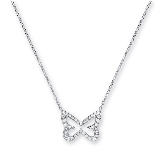9ct White Gold D/C Trace Chain Necklace, CZ Butterfly with Adjustable Lengths