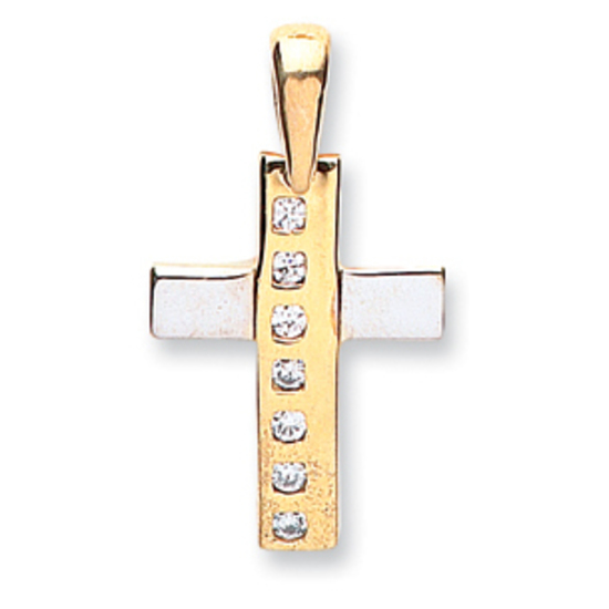 9ct 2 Colour White and Yellow Gold CZ Cross Pendant 1.2g