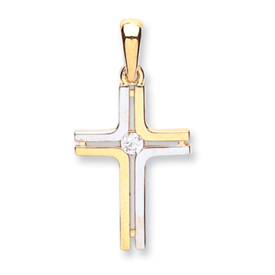 9ct 2 Colour White and Yellow Gold Fancy CZ Cross Pendant 1.0g