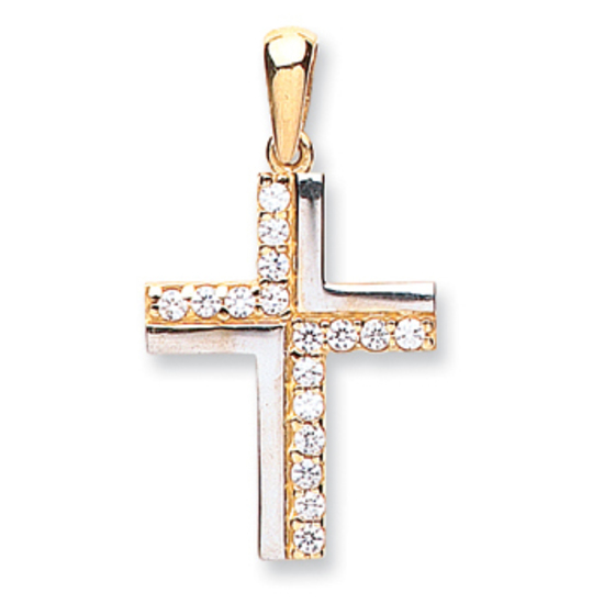 9ct 2 Colour Yellow and White Gold CZ Cross Pendant 1.0g