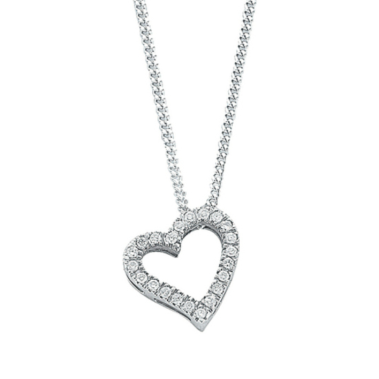9ct White Gold 0.13ct Diamond Heart Pendant with 18"/45cm Chain Necklace