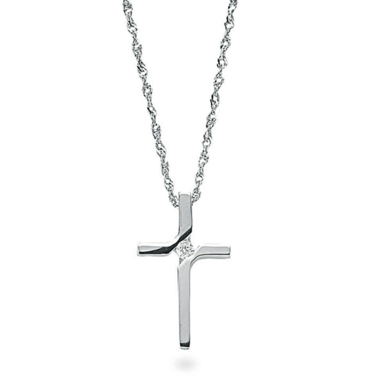 9ct White Gold 0.04ct Diamond Cross Pendant with 18"/45cm Chain Necklace