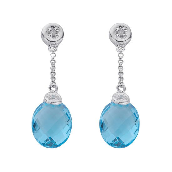9ct White Gold Diamond & Blue Topaz Drop Earrings