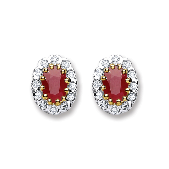 9ct Yellow Gold Diamond And Ruby Oval Stud Earrings