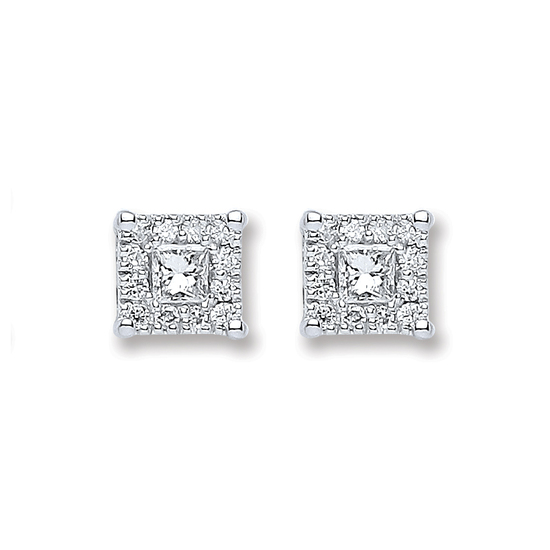 Square diamond studded stud earrings, 0.25ct diamonds, 18ct White Gold