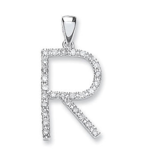 Letter 'R' Diamond Initial, 9ct White Gold, 0.24ct diamonds