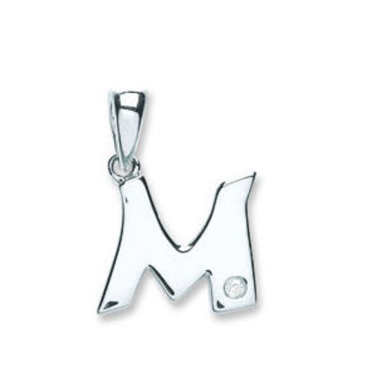 Letter 'M' 9ct White Gold Initial with 0.01ct diamond