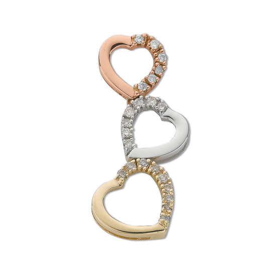 9ct Three Colour White Yellow and Rose Gold 0.15ct Diamond Heart Drop Pendant