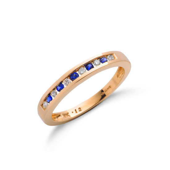 9ct Gold Ring with 0.12ct TW recessed mounted Diamonds and five Sapphires 0.16ct TW, Size L