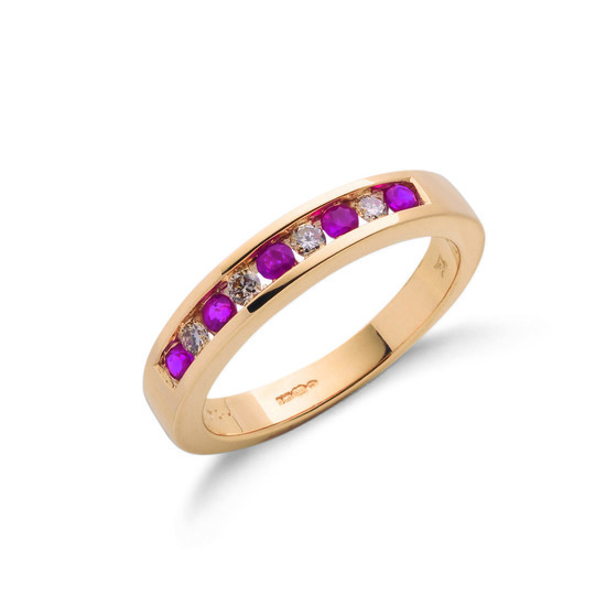 9ct Gold Ring with 0.14ct TW recessed mounted Diamonds and five Rubies 0.31ct TW, Size L