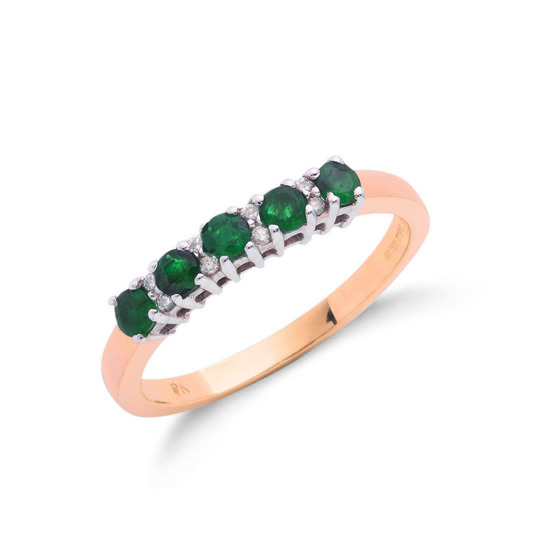 9ct Gold Ring with 0.06ct TW Diamonds and five Emerald 0.40ct TW, Size O
