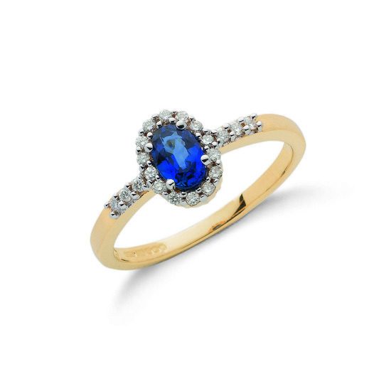 9ct Gold Ring with 0.16ct TW Diamonds and 0.50ct Sapphire Centre Stone, Size M