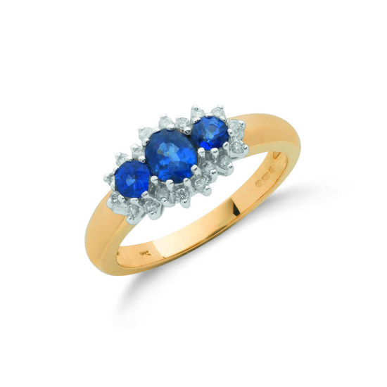 9ct Gold Ring with 0.18ct Diamonds and three Sapphires 0.90ct TW, Size K