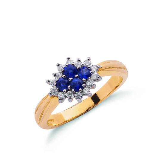 9ct Gold Ring with 0.21ct Diamonds and four Sapphires 0.45ct TW in flower shape, Size N