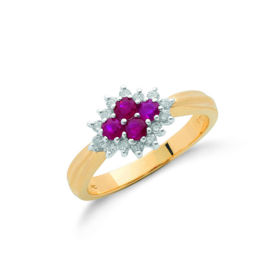 9ct Gold Ring with 0.21ct Diamonds and four Rubies 0.45ct TW in flower shape, Size L