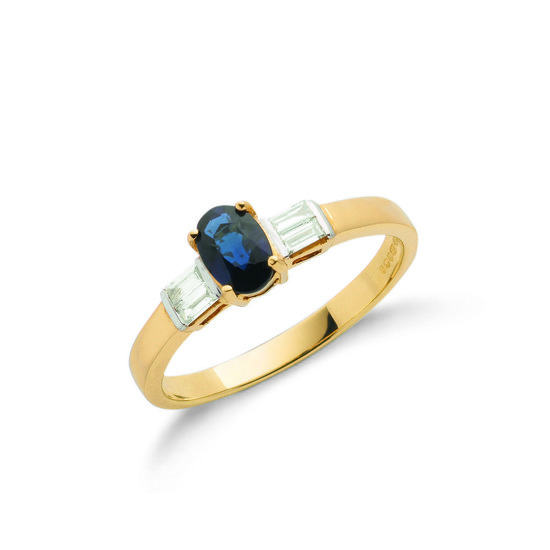 9ct Gold Ring with 0.11ct Diamonds and 0.60ct Centre Sapphire, Size L