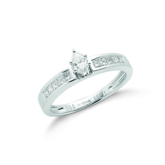 0.50ct TW Diamonds 18ct White Gold Ring with Marquise Cut Centre Stone and Princess Cut Sides, G/H-SI, Size L