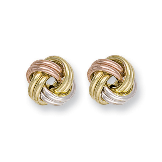 9ct 3 Coloured Rose White and Yellow Gold Knot Stud Earrings 2.4g