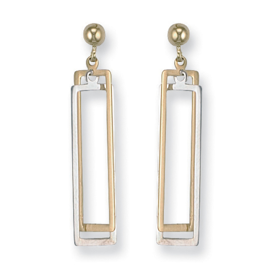 9ct 2 Colour White and Yellow Gold Fancy Rectangle Drop Earrings 1.8g
