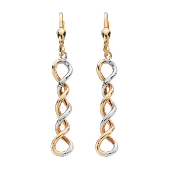 9ct 2 Coloured White and Yellow Gold Twisted Drop Earrings 2.0g