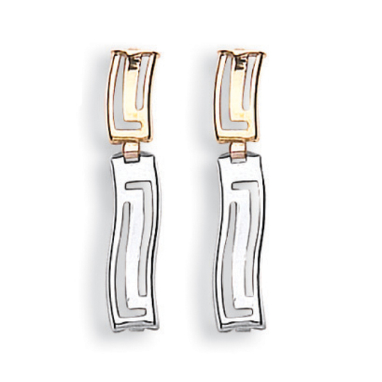 9ct 2 Coloured White and Yellow Gold Greek Key Style Drop Earrings 0.8g