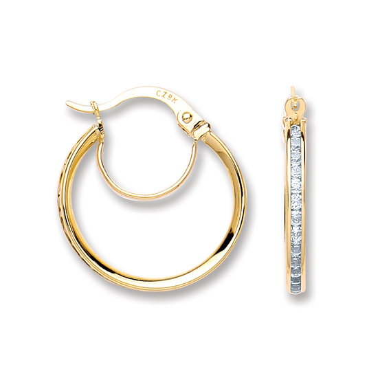 9ct Yellow Gold Channel Set Round CZ Hoop Earrings 2.0g