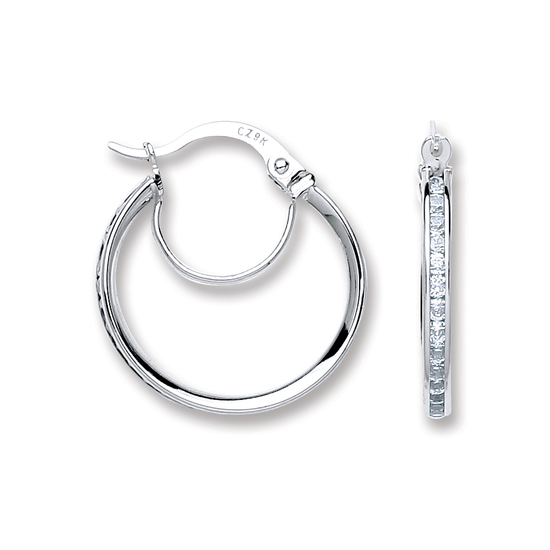 9ct White Gold Channel Set Round CZ Hoop Earrings 2.0g