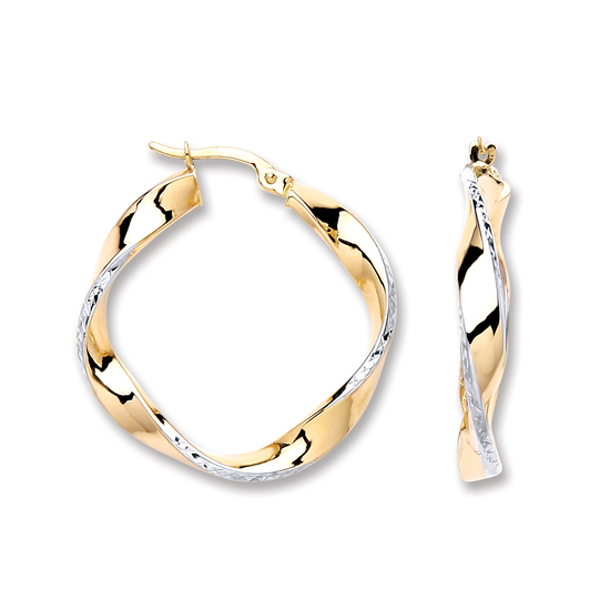 9ct 2 Coloured White and Yellow Gold Twisted Hoop Earrings 2.0g