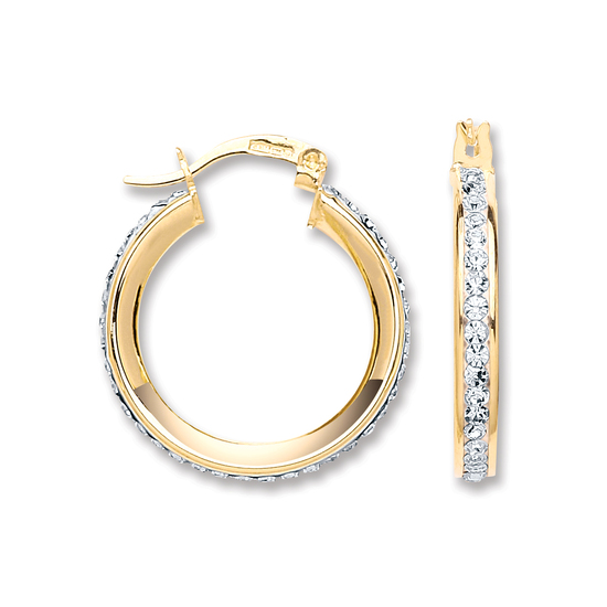 9ct Yellow Gold Round Crystal Hoop Earrings 2.2g