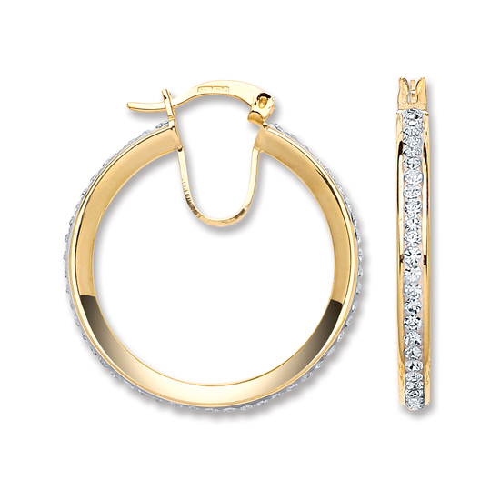 9ct Yellow Gold Round Crystal Hoop Earrings 3.5g