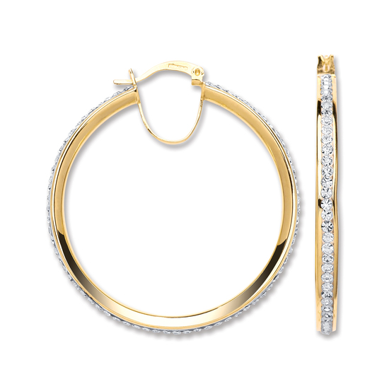 9ct Yellow Gold Round Crystal Hoop Earrings 4.3g