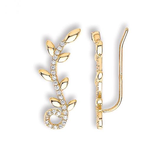 9ct Yellow Gold Arc-shaped Ear Hook CZ Leaf Clip Earrings 1.6g