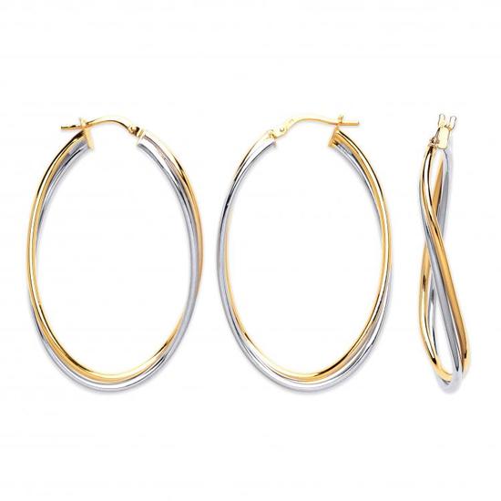 9ct 2 Colour White / Yellow Gold Large Double Tube Oval Earrings 1.8g