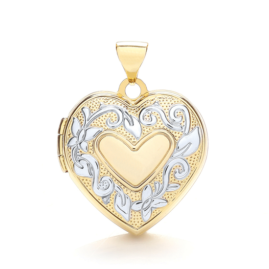 9ct 2 Colour White and Yellow Gold Heart Shaped Family Locket Pendant 