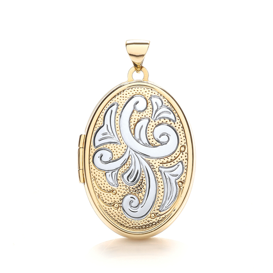 9ct 2 Colour White and Yellow Gold Oval Shaped With Swirls Family Locket Pendant 