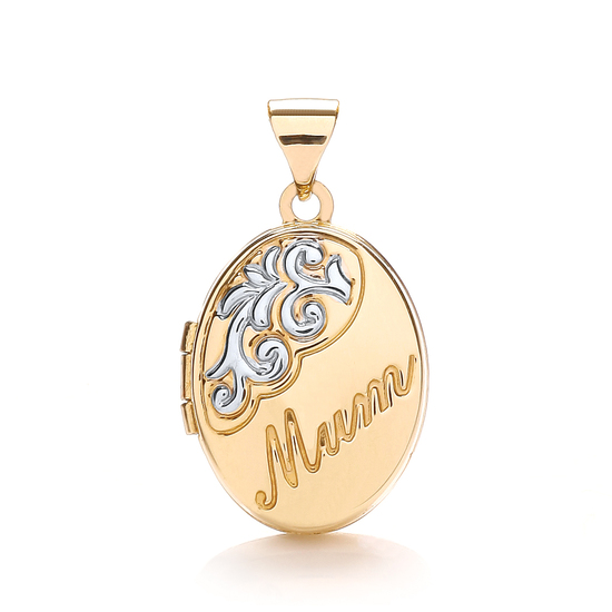 9ct 2 Colour White and Yellow Gold Oval Shaped Mum Locket Pendant 