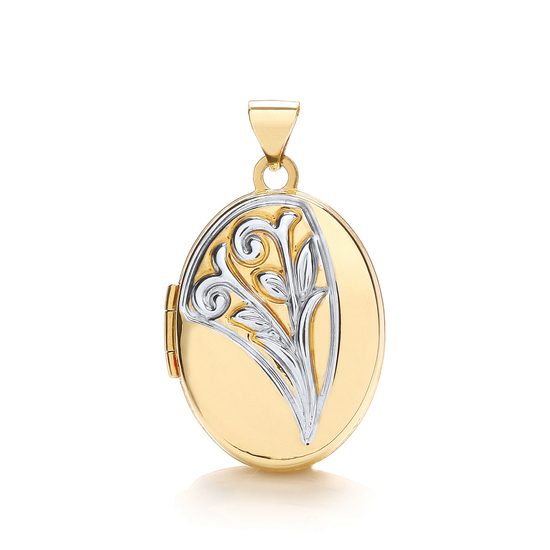 9ct 2 Colour White and Yellow Gold Oval Shaped Locket with Flower Bouquet Pendant 