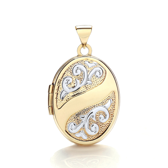 9ct 2 Colour White and Yellow Gold Oval Shaped Locket with Swirls Pendant 