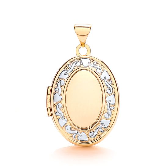 9ct 2 Colour White and Yellow Gold Oval Shaped Locket With Hearts Pendant 