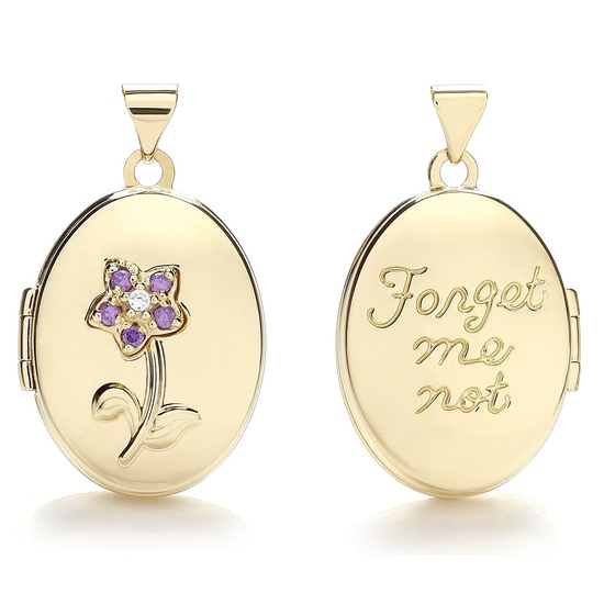 9ct Yellow Gold Oval Double Sided Locket with Purple CZ Flower Pendant (Back Engraved With Forget Me Not)