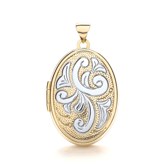 9ct 2 Colour White and Yellow Gold Oval Locket with Swirl Design Pendant