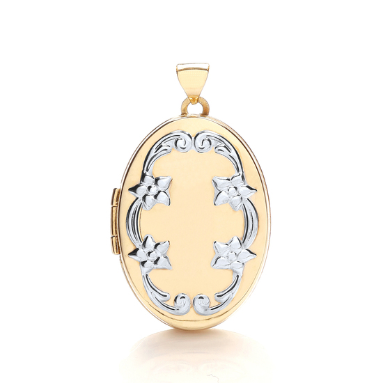 9ct 2 Colour White and Yellow Gold Oval Locket with Flower Design Pendant