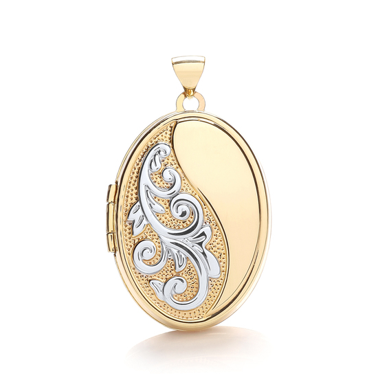 9ct 2 Colour White and Yellow Gold Oval Locket with Half Swirl Design Pendant