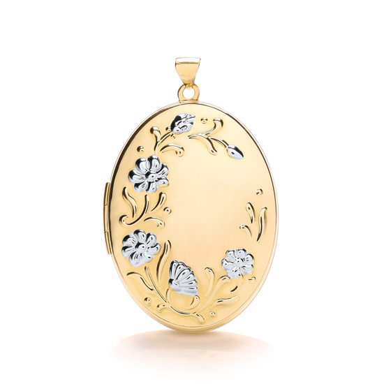 9ct 2 Colour White and Yellow Gold Oval Flower Design Locket Pendant