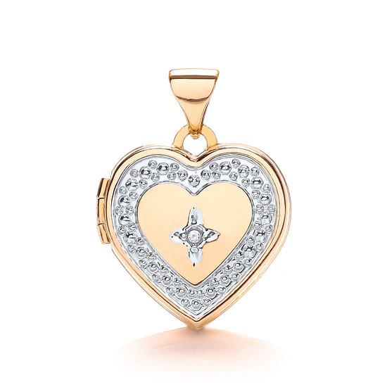 9ct 2 Colour White and Yellow Gold Heart Shape Locket with Diamond Pendant