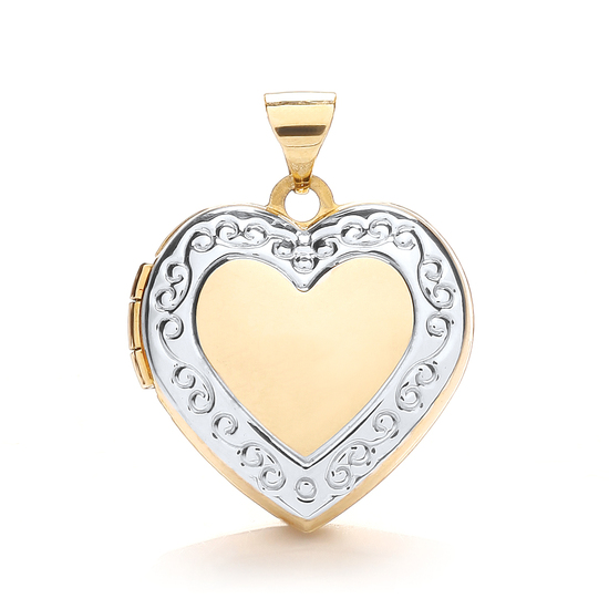 9ct 2 Colour White and Yellow Gold Heart Shape Locket with Swirl Edge Design Pendant