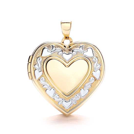 9ct 2 Colour White and Yellow Gold Heart Shape Locket with Edge Design Pendant