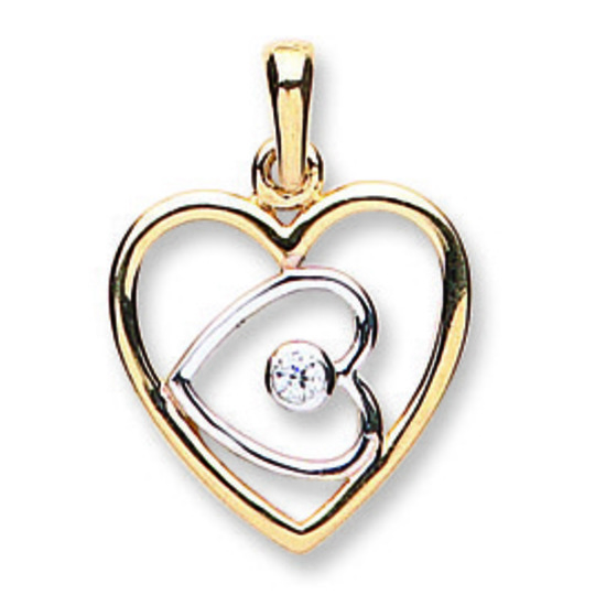 9ct 2 Colour Yellow and White Gold Double Love CZ Heart Pendant 1.2g